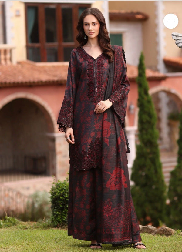Maroon Bloom – 3-Piece Blended Khaddar Embroidered Suit