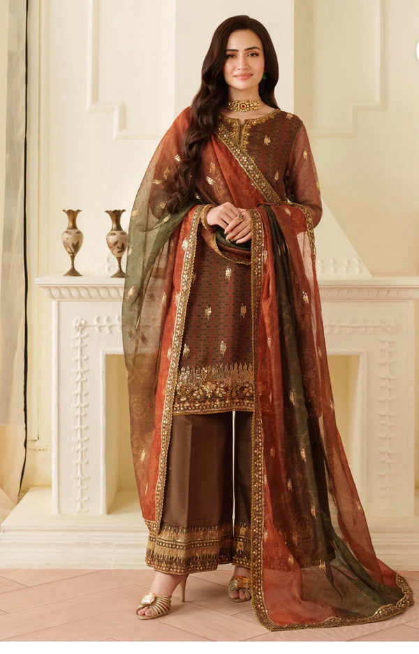 Printed & Embroidered Khadi Net 4-Piece Outfit