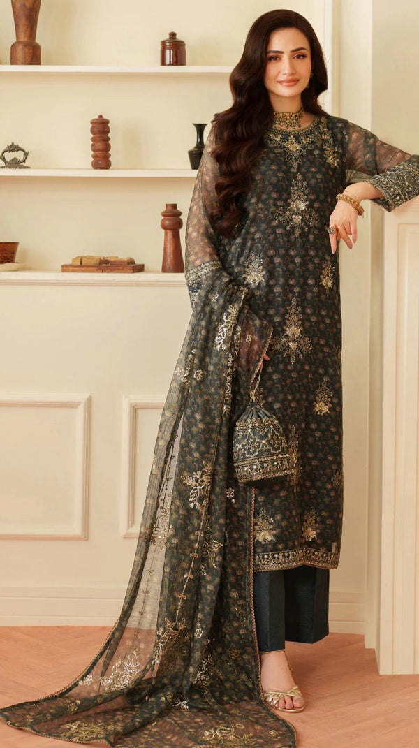 Elegant Printed & Embroidered Khadi Net Ensemble