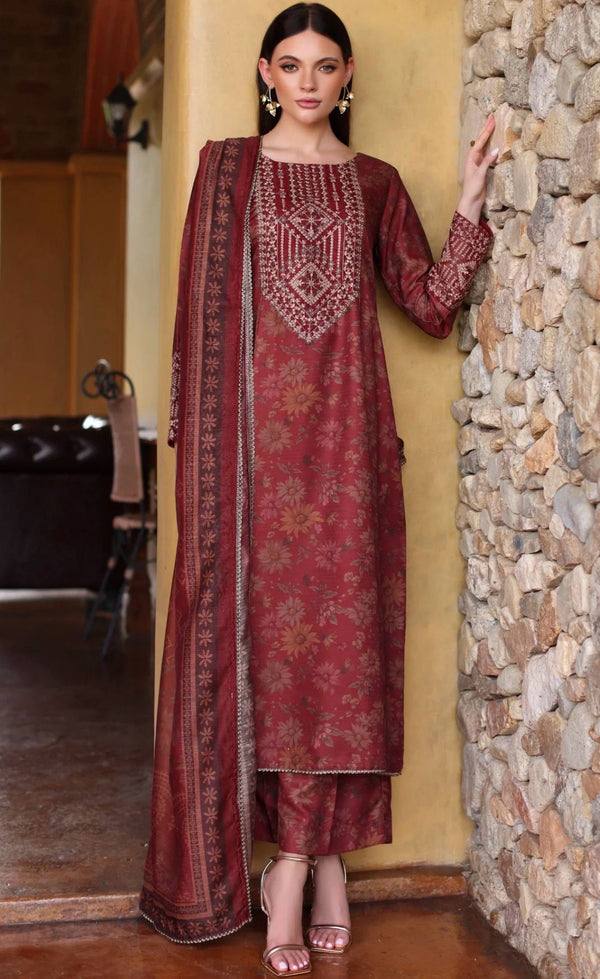 Maroon Grace – 3-Piece Blended Khaddar Embroidered Suit