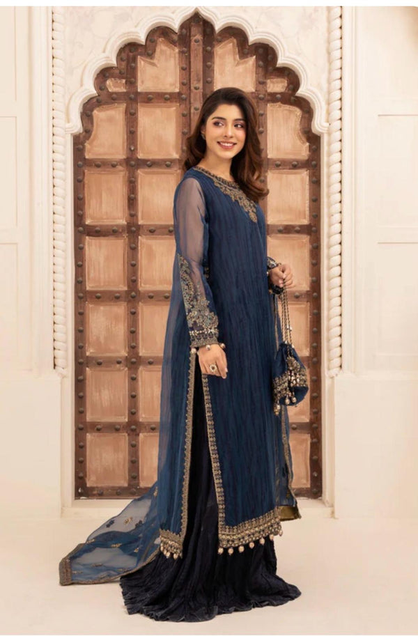 Navy Blue Embroidered Organza 5-Piece Formal Ensemble
