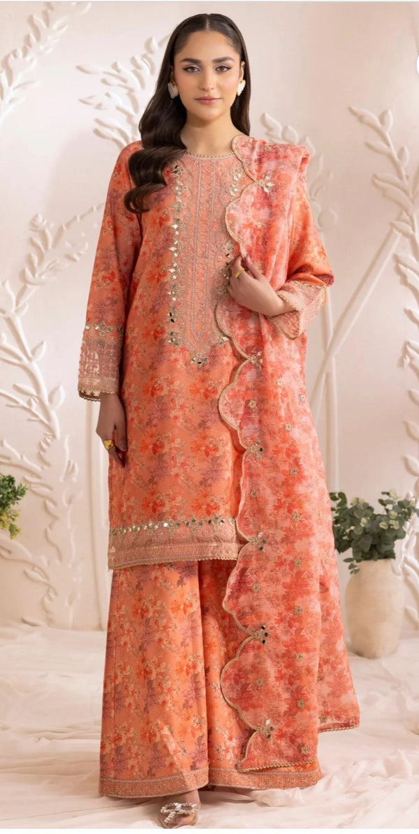 Elegant Coral Bloom – 3-Piece Embroidered Lawn Ensemble