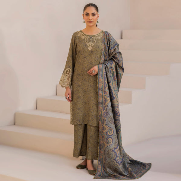 Winter Bloom – Printed Embroidered Dhanak with Wool Shawl