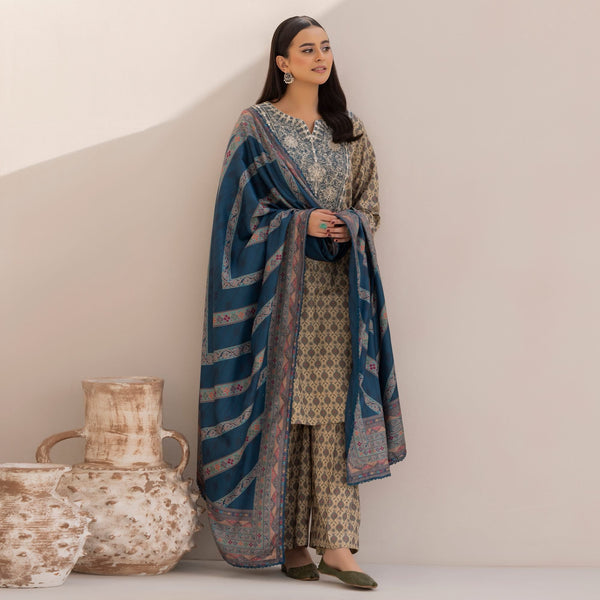 Rustic Winter – Printed Embroidered Dhanak with Wool Shawl