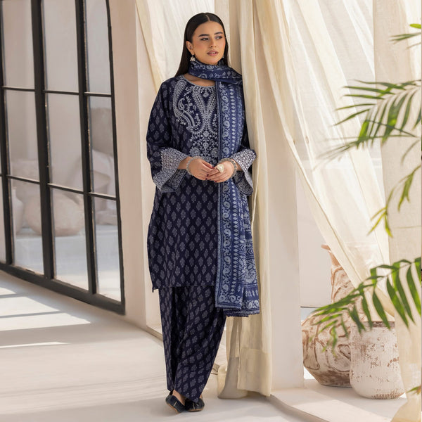 Midnight Serenity – Printed Embroidered Dhanak with Wool Shawl