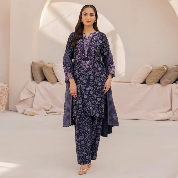 Twilight Bloom – Printed Embroidered Dhanak with Wool Shawl