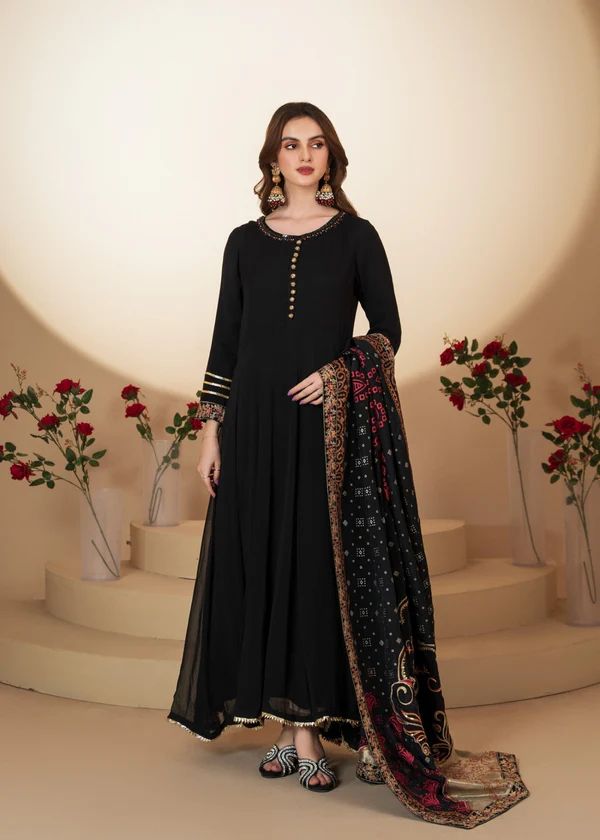 Black Opulence – Embroidered Chiffon Maxi Ensemble