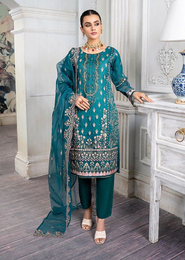 Teal Grace – Embroidered Organza Ensemble with Handwork