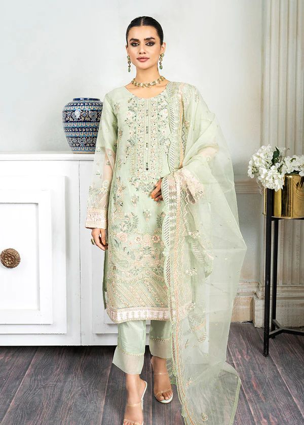 Pastel Bloom – Embroidered Organza Ensemble with Handwork