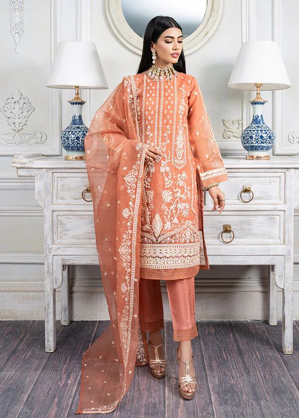 Peach Radiance – Embroidered Organza Ensemble with Handwork