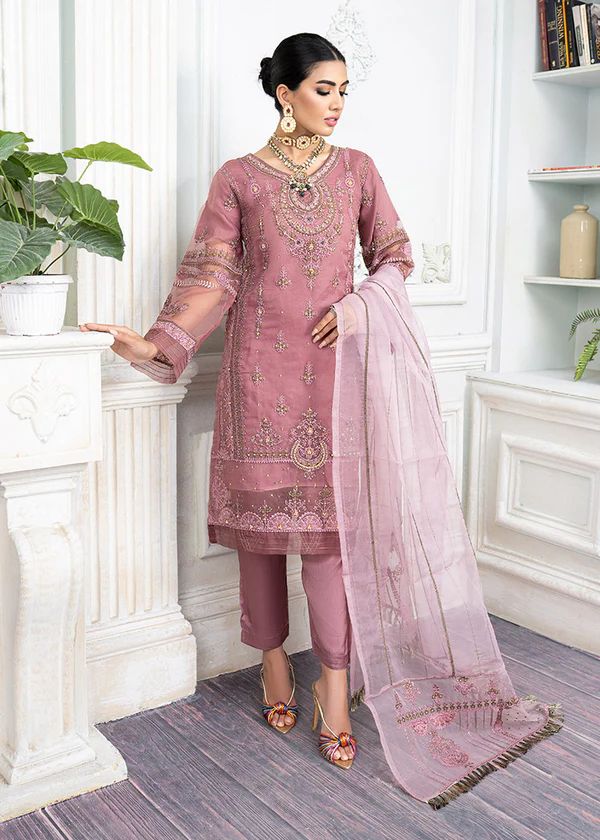Mauve Majesty – Embroidered Organza Ensemble with Handwork