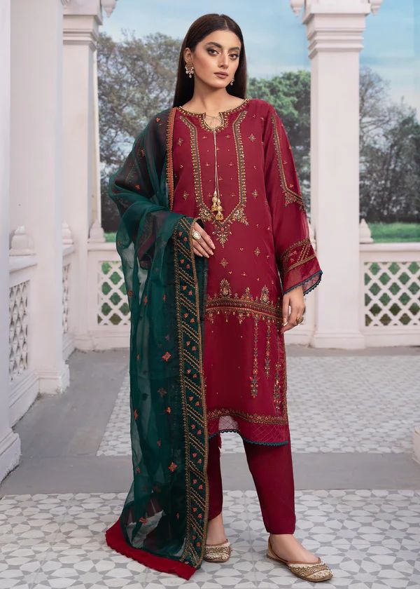 Regal Maroon – Embroidered Organza Ensemble with Handwork