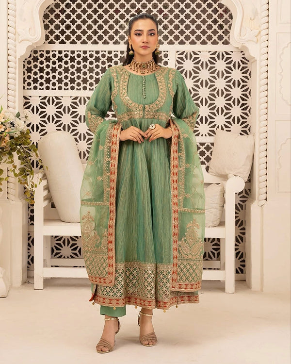 Pistachio Charm – Masuri Shirt with Multihead Embroidery & Organza Dupatta